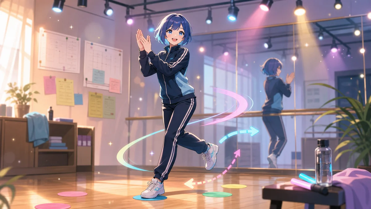 カラフルなスタジオライトの中でクラップと足上げを練習するオリジナル女性キャラクターのイメージ