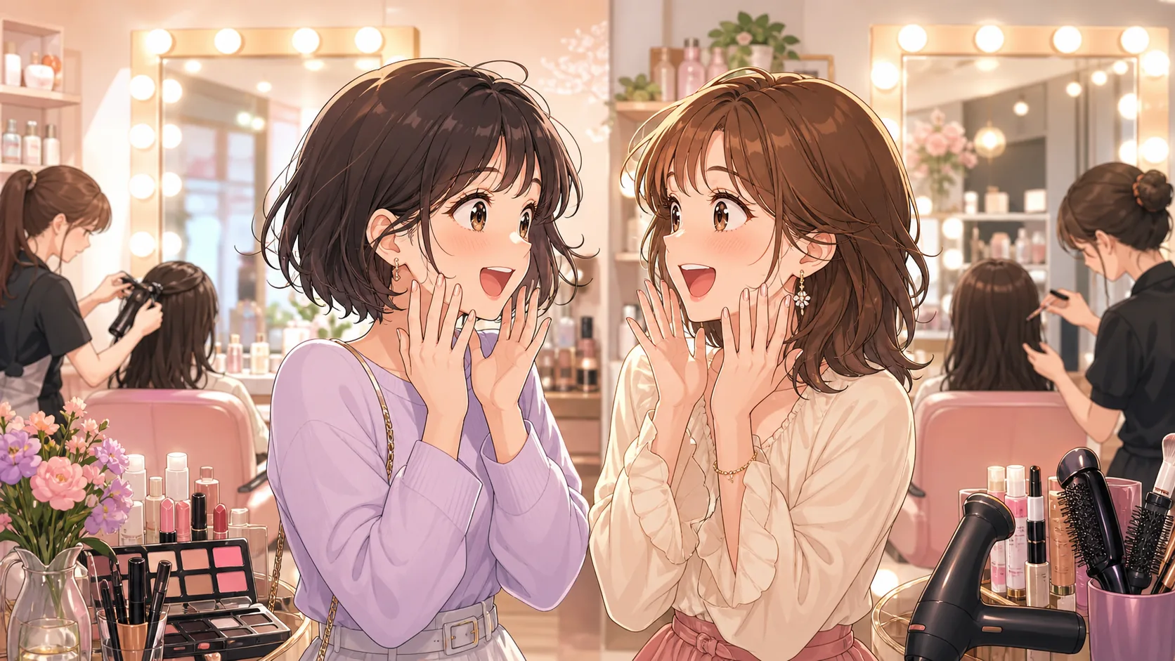 メイクアップショップで別々に準備したあと完成メイクを見せ合うオリジナル女性キャラクターのイメージ