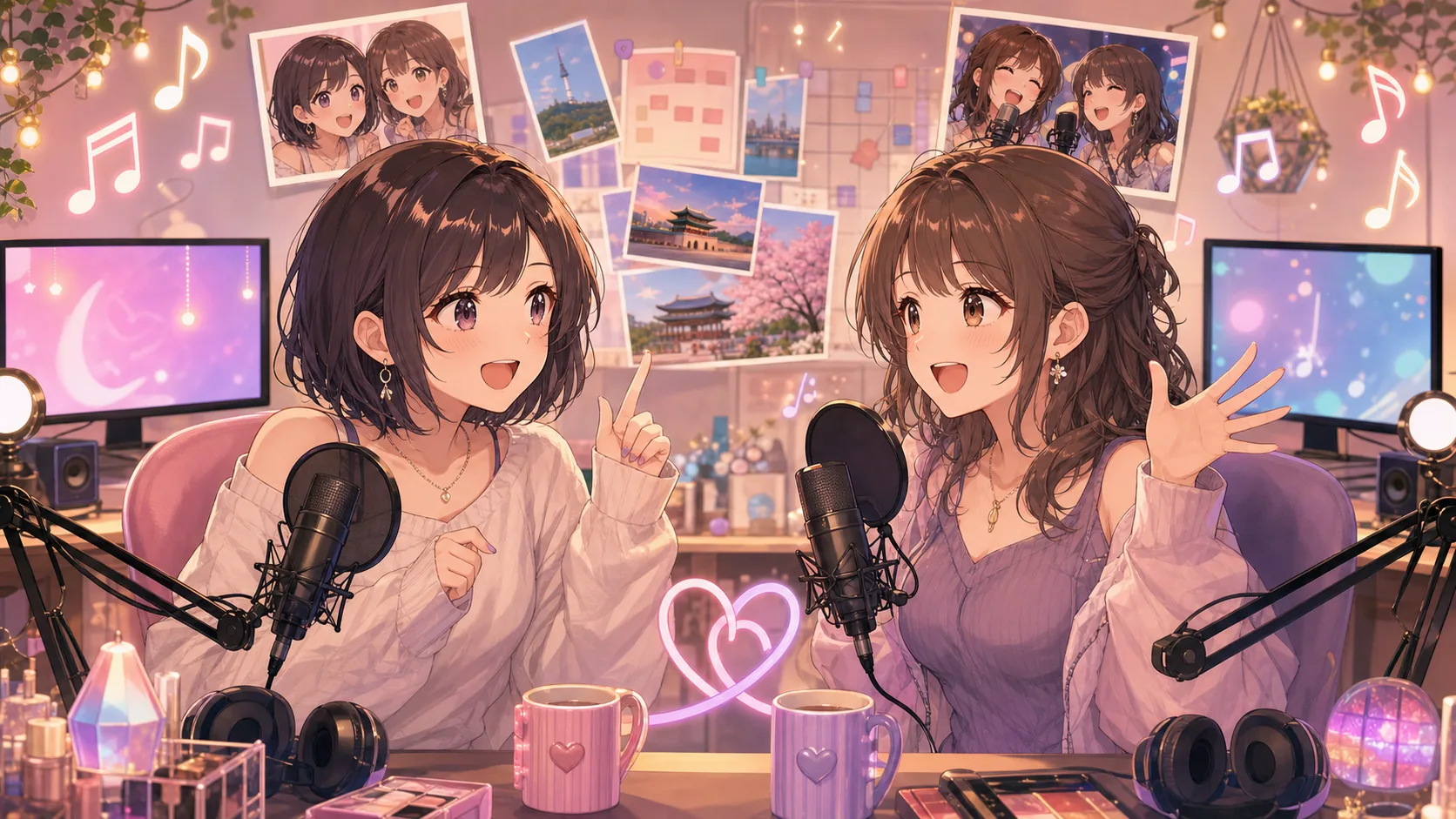 コラボ生配信と歌の約束を配信部屋で相談するオリジナル女性キャラクターたちのイメージ