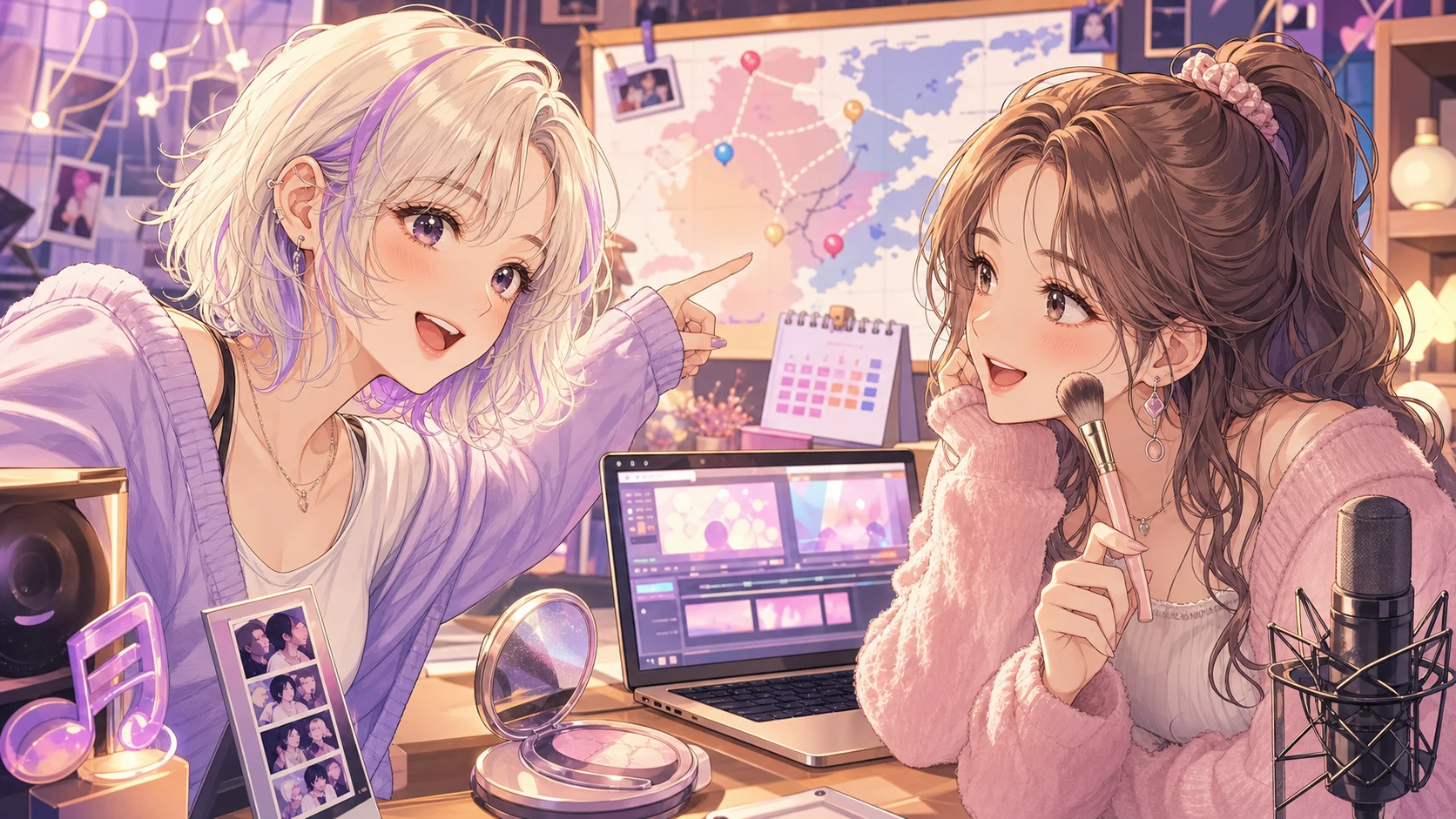 配信部屋で地図とメイク小物を見ながら次のコラボ相談をするオリジナル女性キャラクターたちのイメージ