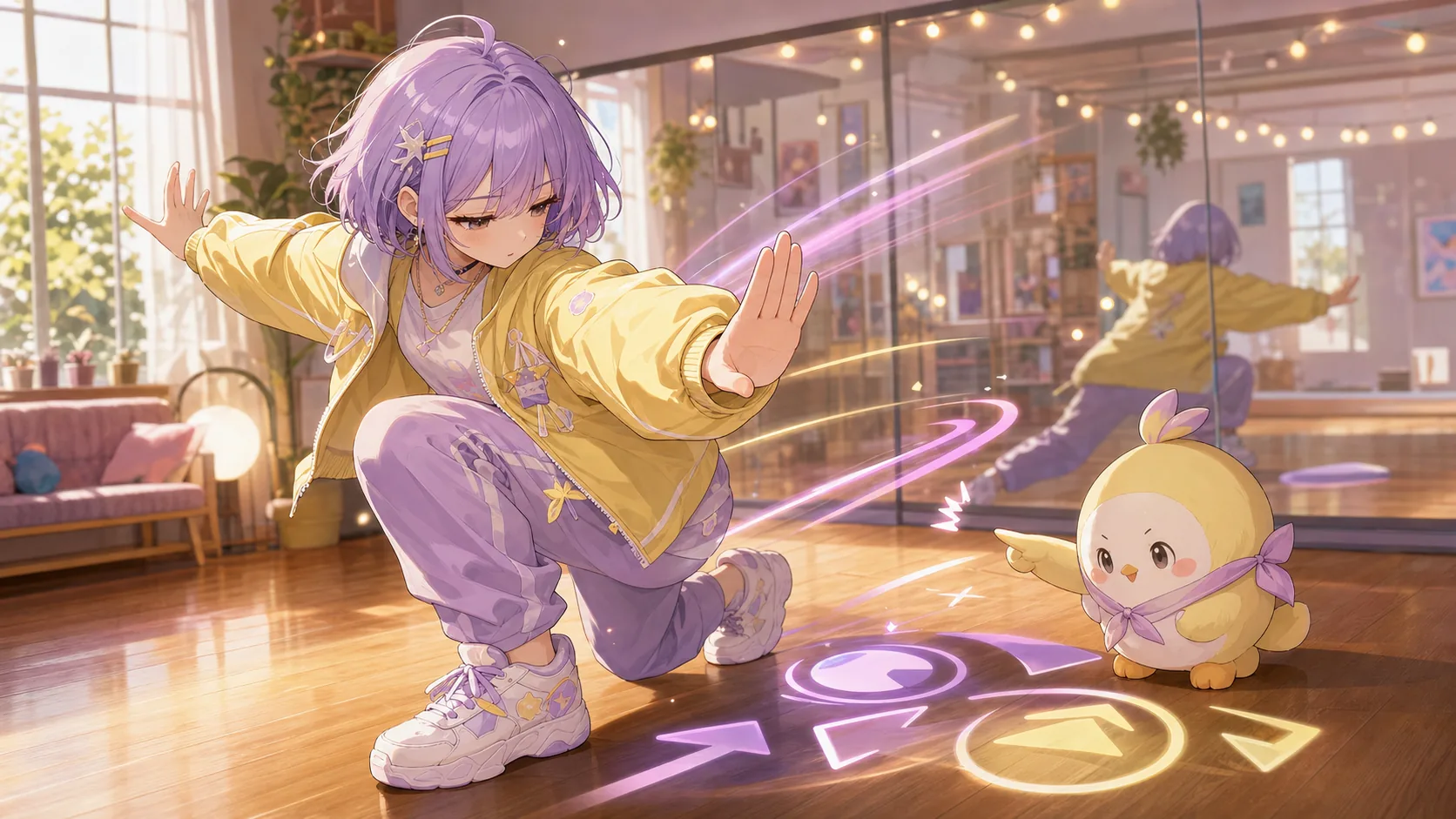 パステルライトのダンススタジオで膝の向きとブレーキの止め方を確認するオリジナルキャラクターのイメージ