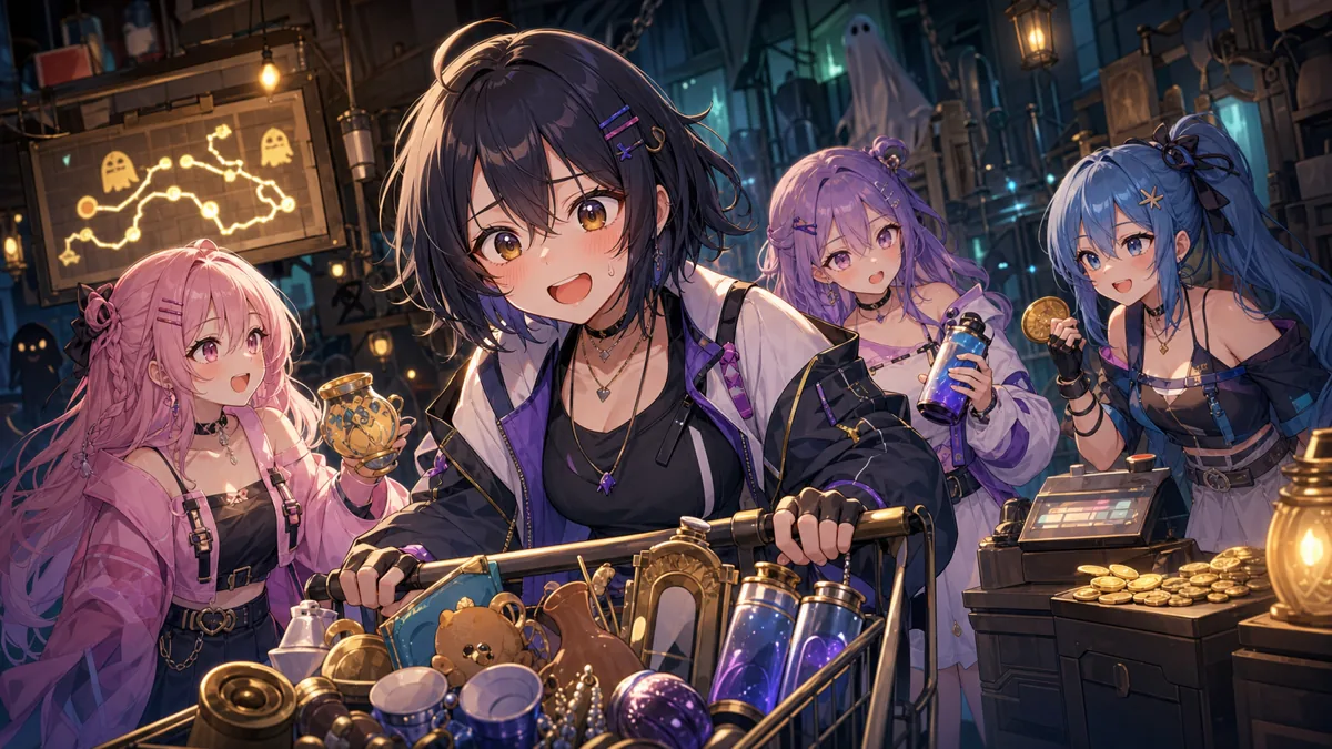 倉庫の買い物エリアで荷物カートを囲む4人のオリジナル女性キャラクター