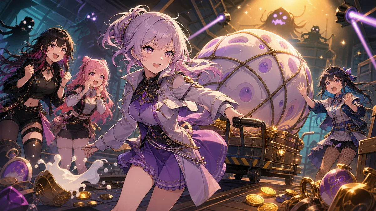 巨大な卵型の荷物を運び、最後に先輩キャラクターが前に出るオリジナル女性キャラクターたち