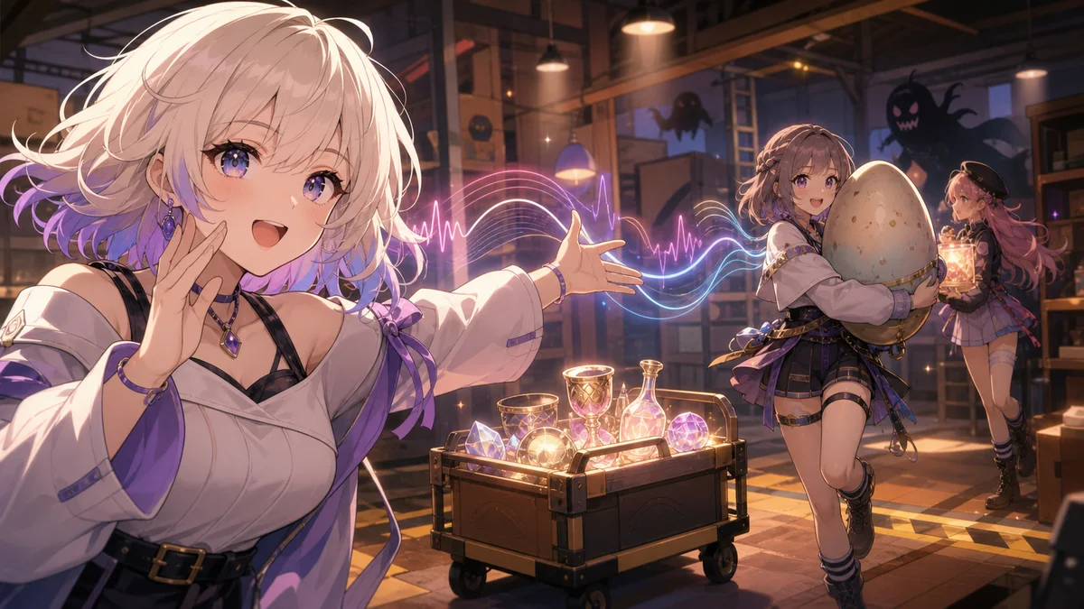 光る荷物カートと巨大な卵を背景に、声の波を仲間へ渡すオリジナル女性キャラクター