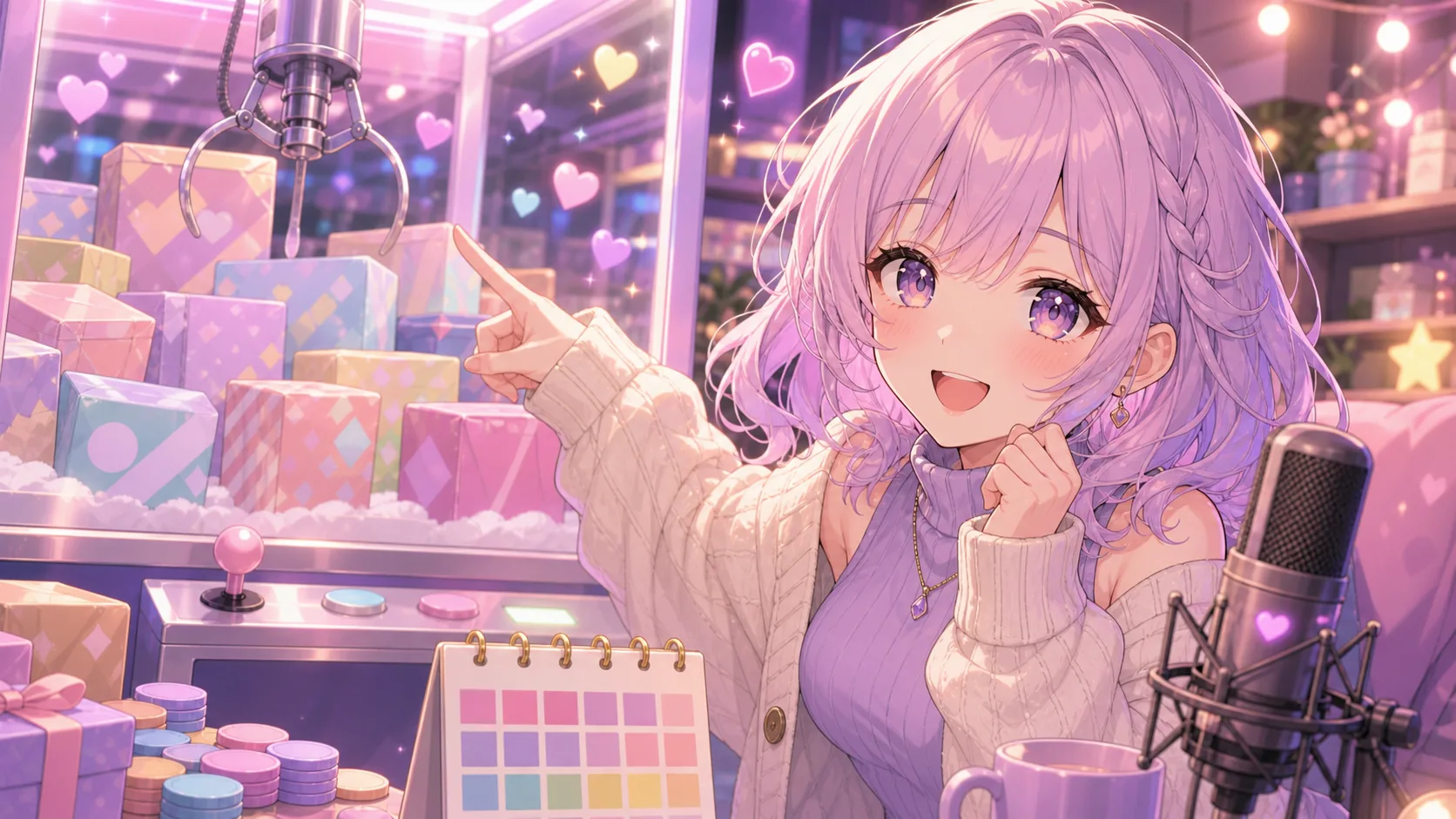 ゲームセンターのプライズ棚を前に喜ぶオリジナル女性キャラクターのイメージ