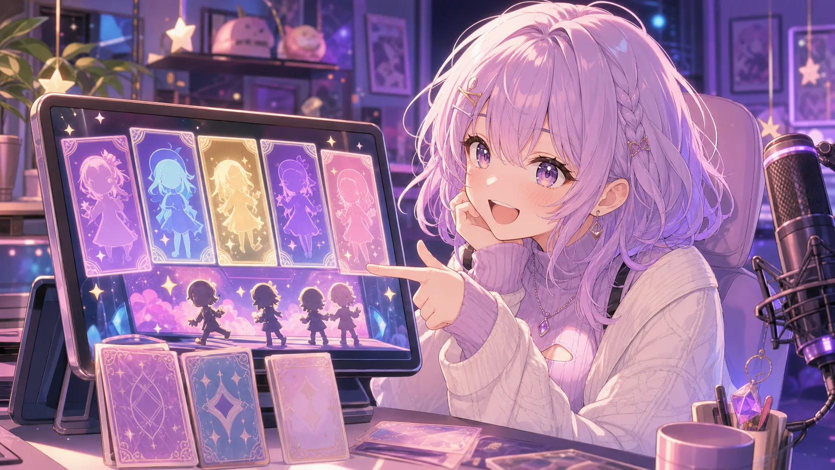 スマホゲームのカード風イラストを眺めるオリジナル女性キャラクターのイメージ
