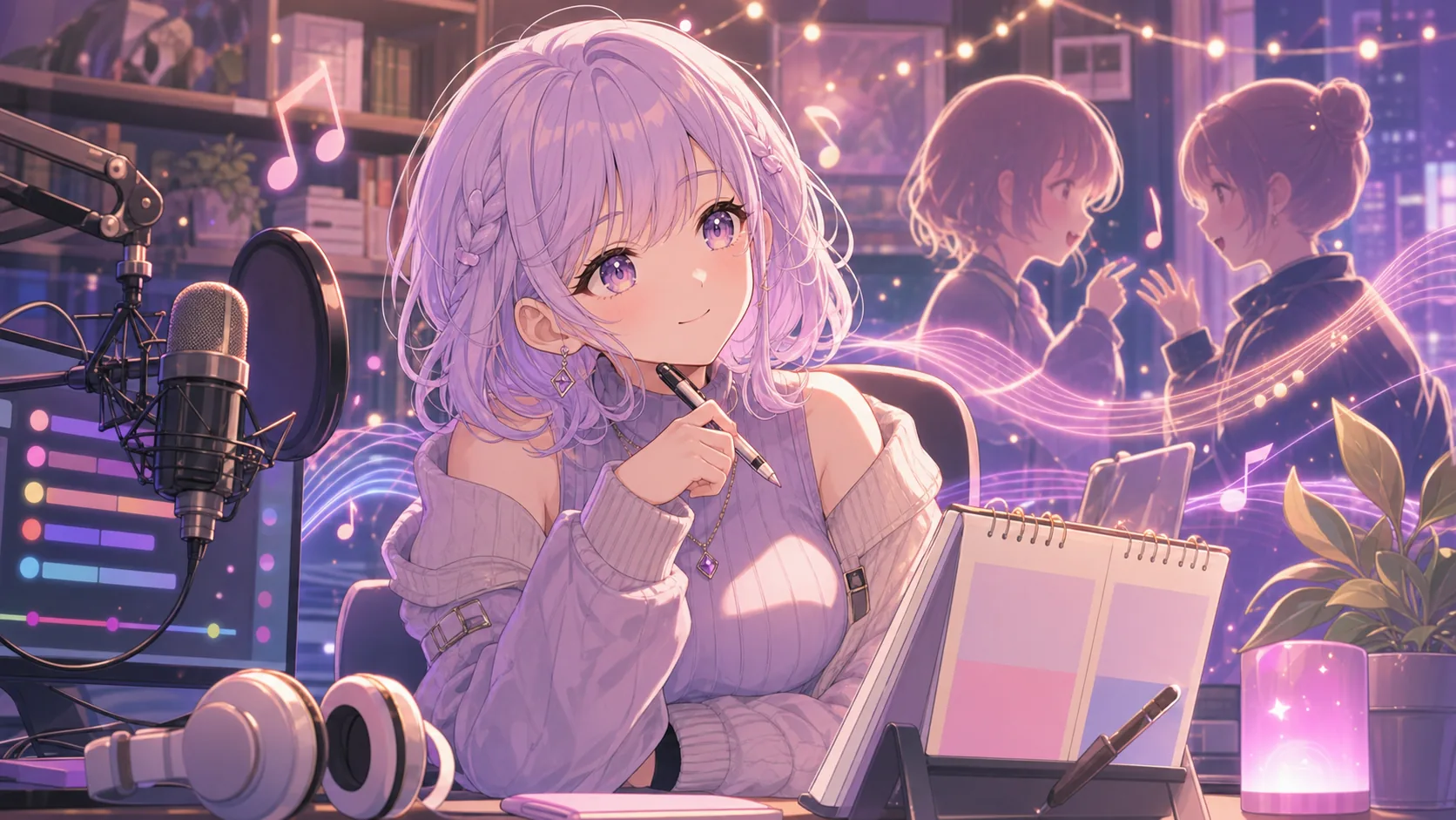 配信後の相談メモを前に先輩との会話を振り返るオリジナル女性キャラクターのイメージ