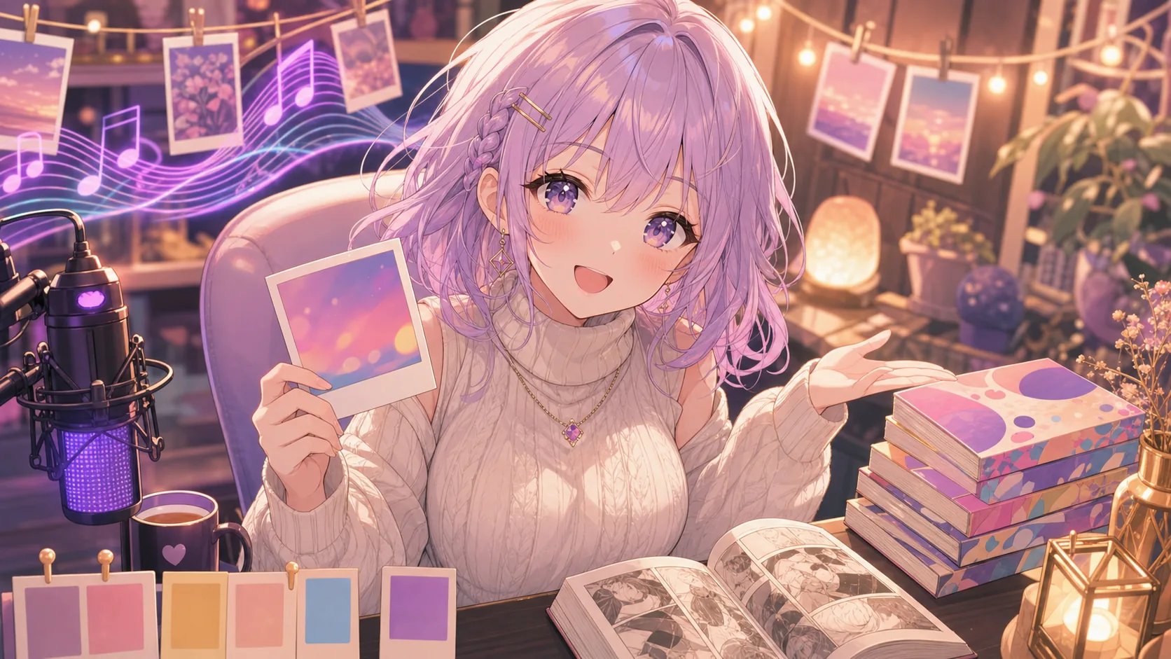 配信机に音楽プレイヤーと漫画メモを並べて話すオリジナル女性キャラクターのイメージ