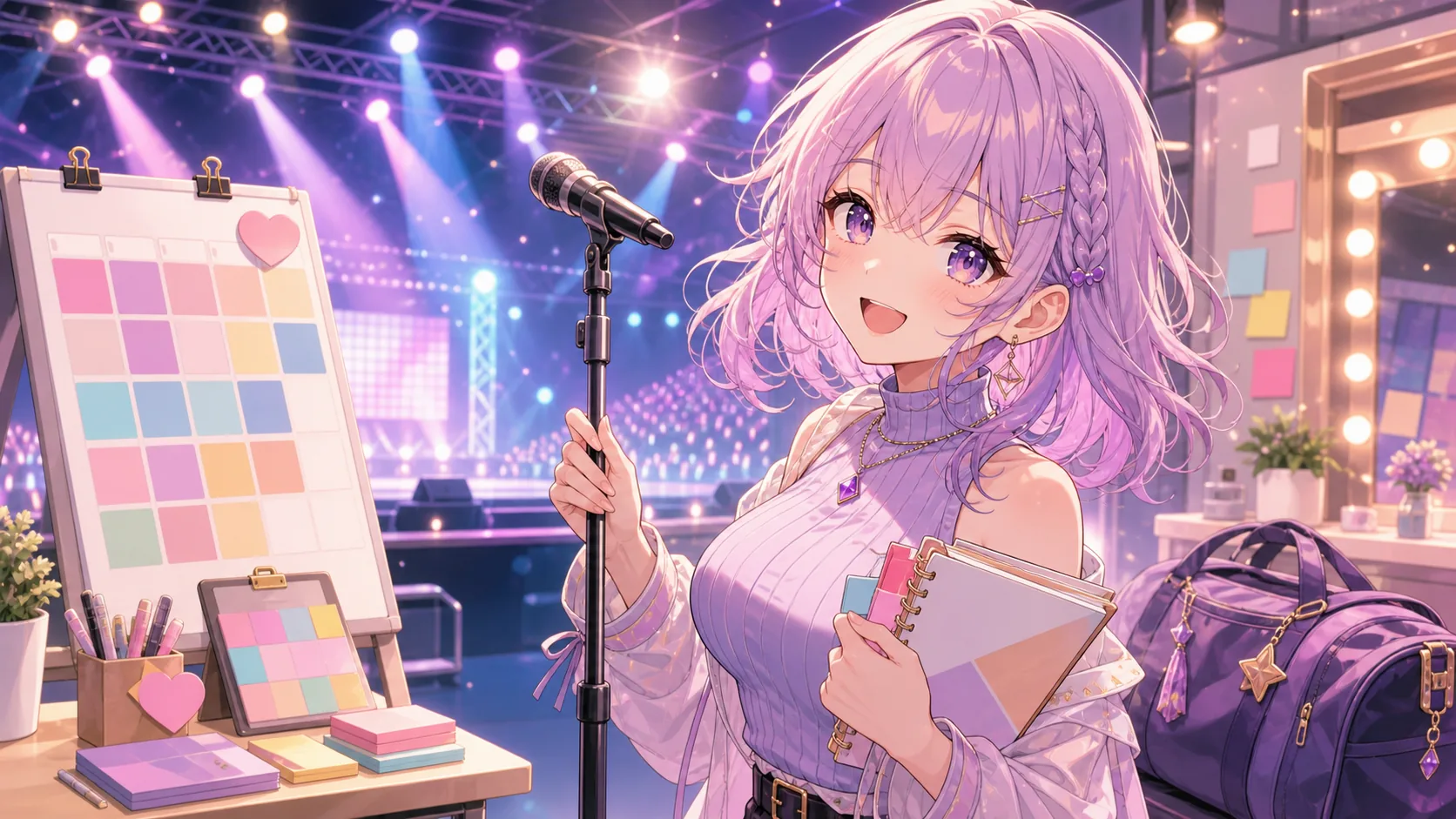 ライブステージの光とカレンダーを前に予定を整理するオリジナル女性キャラクターのイメージ