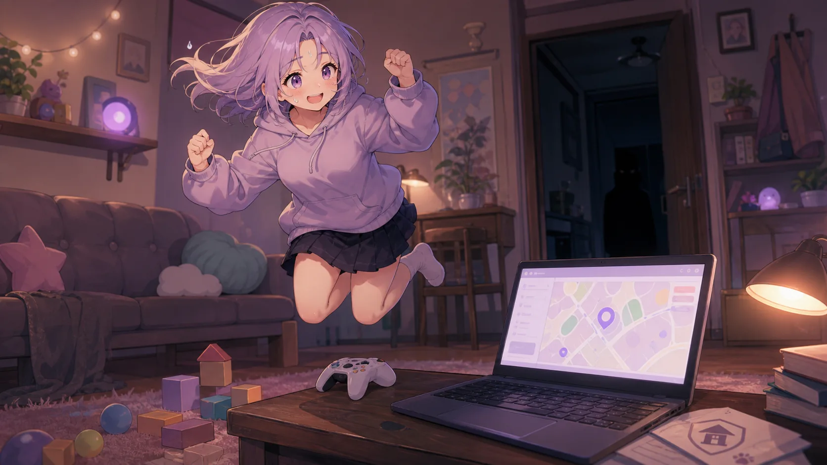 友人宅の部屋で紫髪の女性が跳び上がり、机上のノートPCに地図画面が映るイラスト