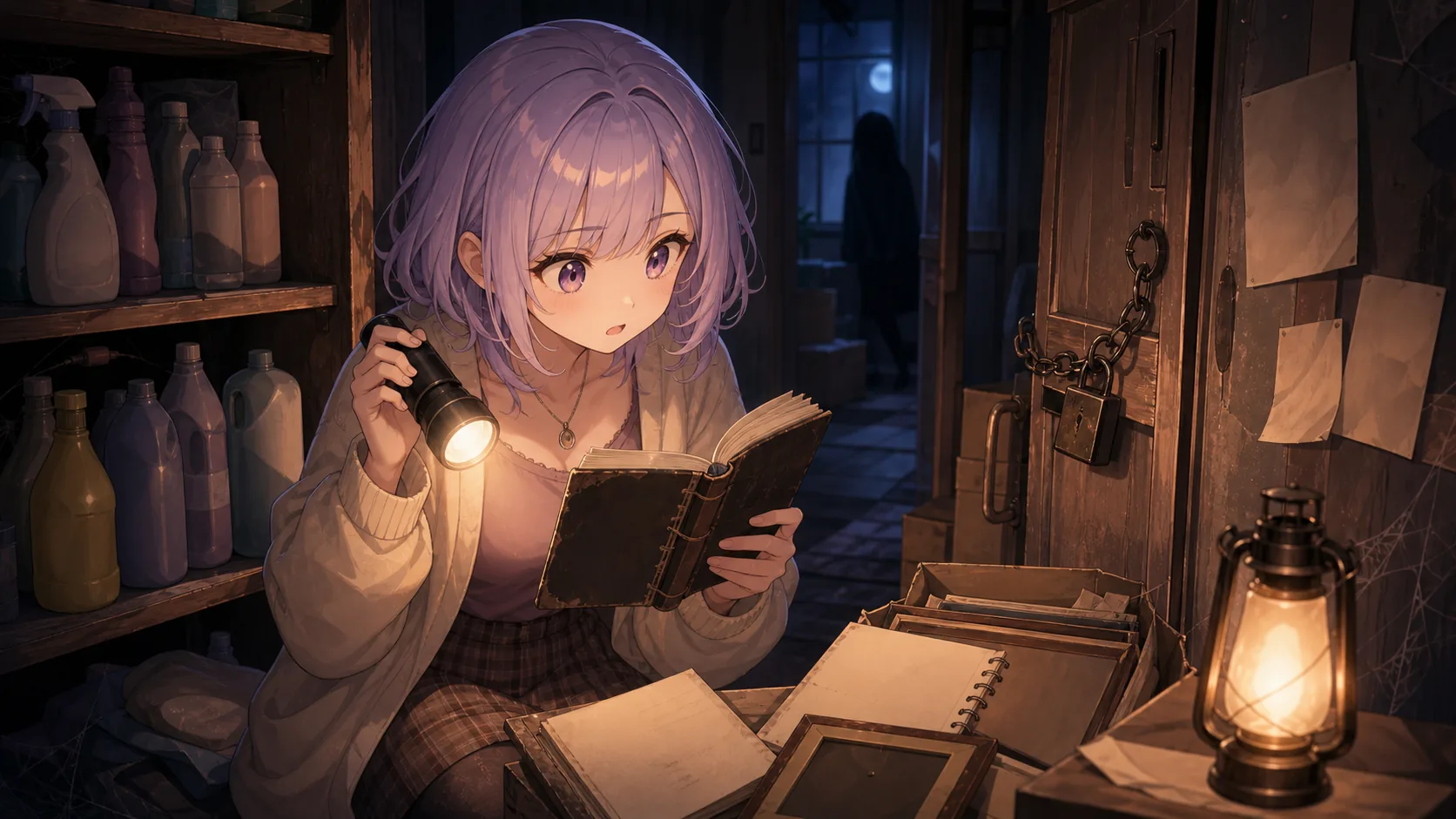 懐中電灯を持つ紫髪の女性が、棚の容器と施錠された扉の前で古い本を読むイラスト