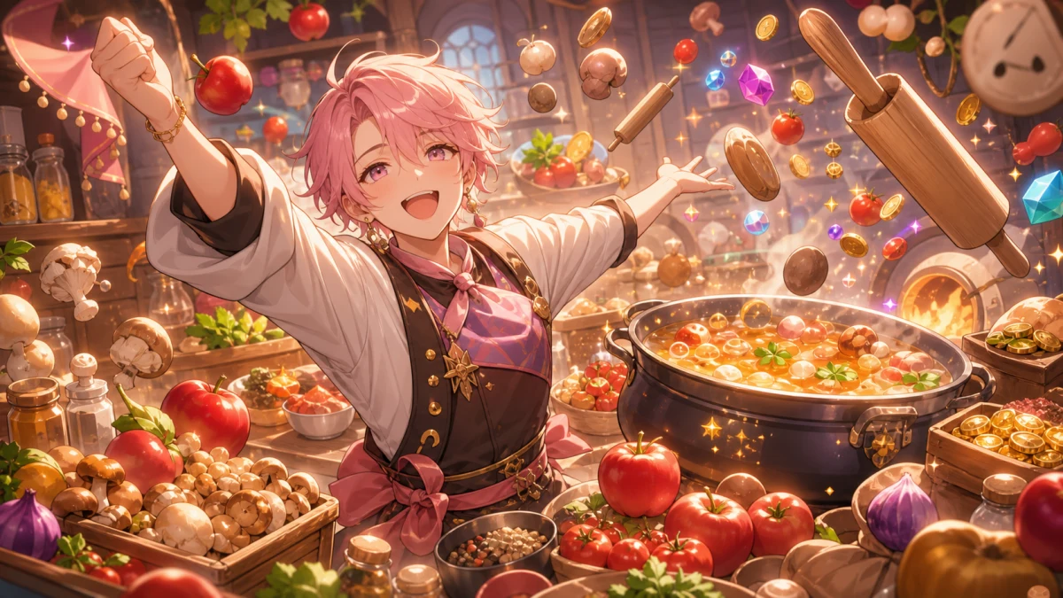 大量の食材と調理道具が舞うにぎやかな厨房で達成感を見せる人物キャラクターのイメージ