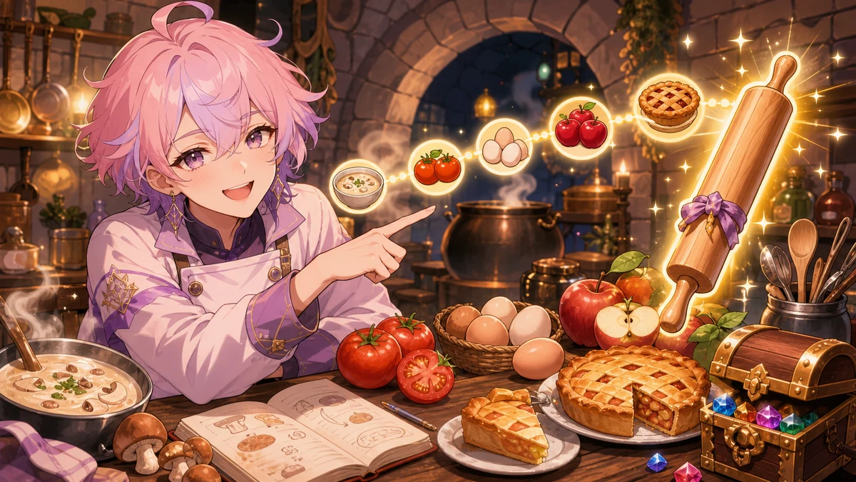 料理店の記録ノートとダンジョン地図を前に食材の成長を振り返る人物キャラクターのイメージ