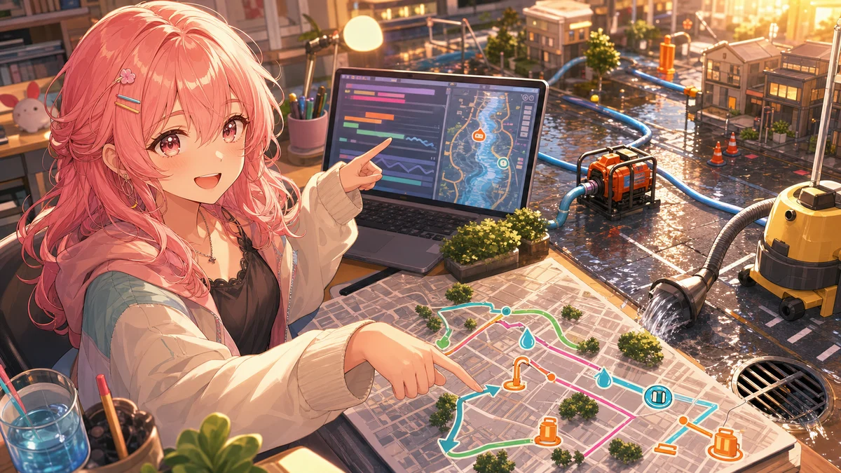 配信アーカイブとストアページを見比べながら排水ルートを整理する人物のイメージ