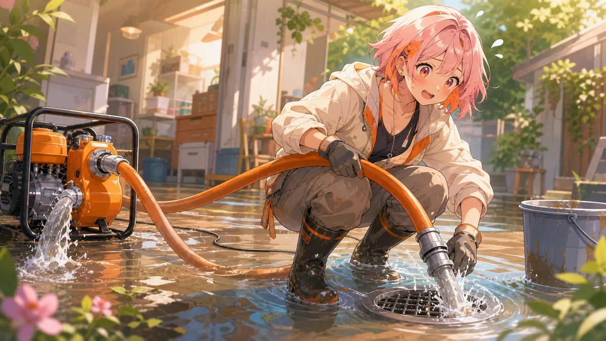 ポンプとホースをつなぎながら水流を見守る人物のイメージ
