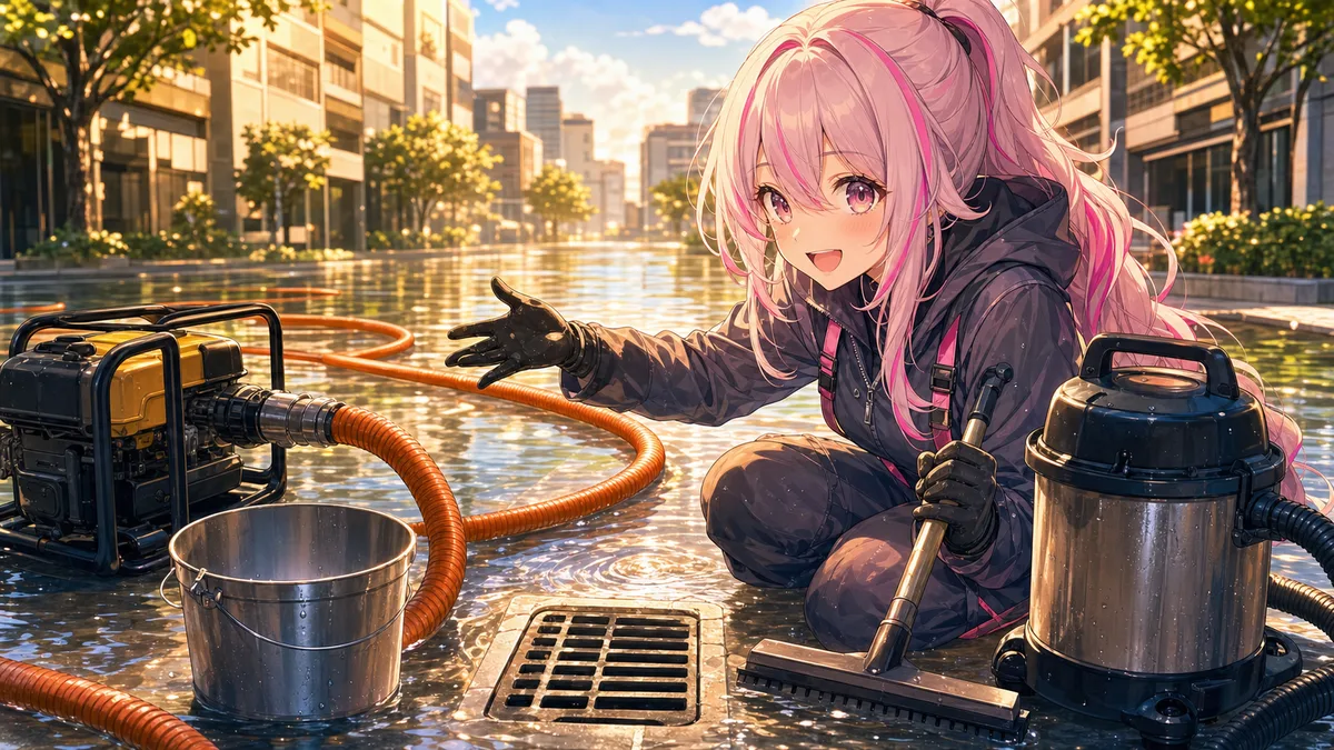 排水作業の道具を並べて水流を見比べる人物のイメージ