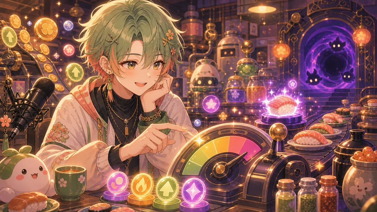 抽象的な工場の奥に小さな寿司皿と光る経験値ゲージが並び、画面を見つめる人物のイメージ