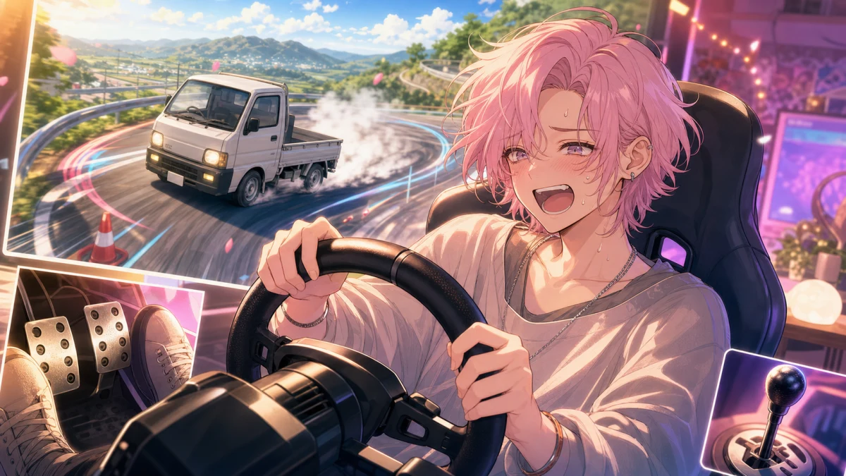 軽トラック風の小さな車でドリフトを試す中性的な人物キャラクターと曲がりくねった道路