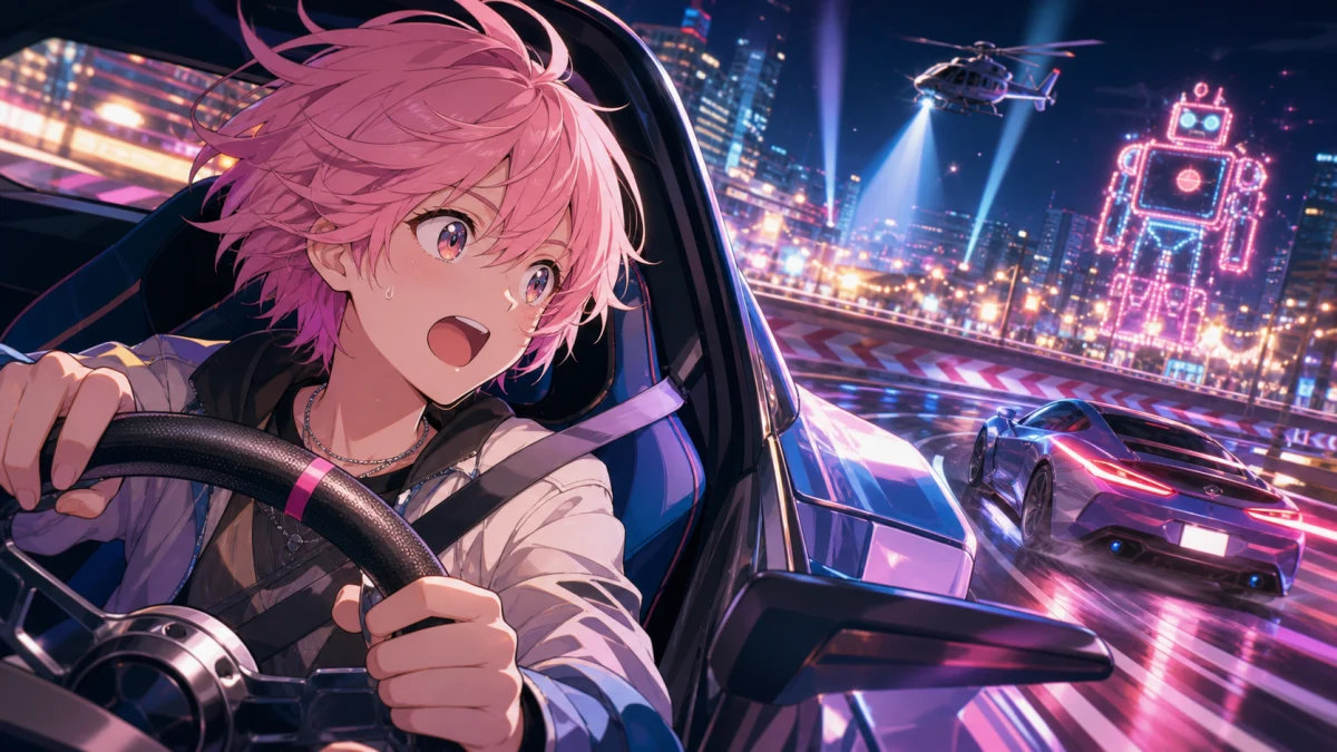 夜の高架道路を走るスポーツカーとロボ対戦を待つ中性的な人物キャラクター