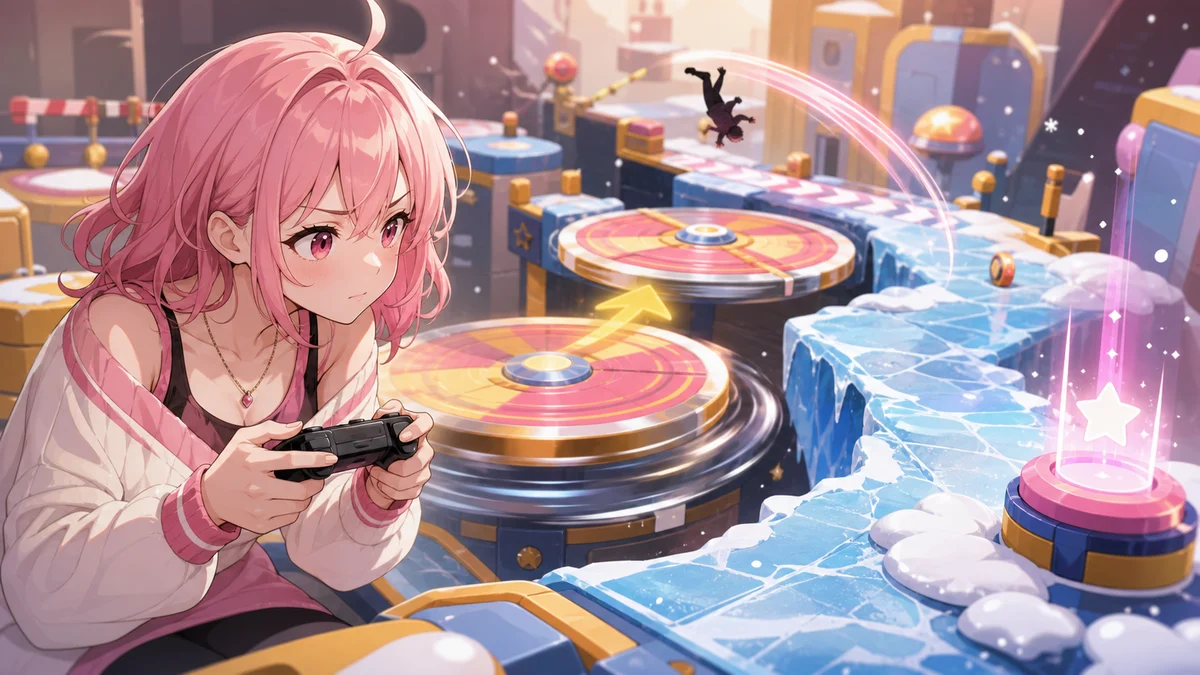 回転する足場と氷の床を見ながらジャンプのタイミングを読む人物キャラクターのイメージ