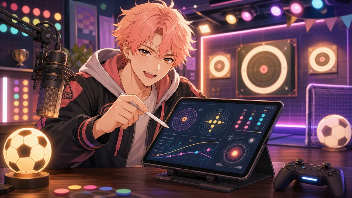 射撃訓練場の抽象的な的とゲーム用タブレットを前に、照準を合わせる男性キャラクターのイメージ