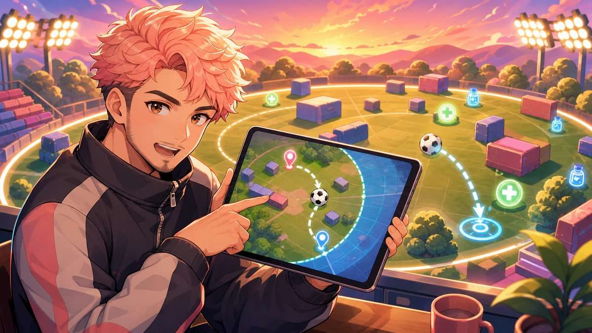 夕方の抽象的なバトルロワイヤルフィールドで遮蔽物と回復アイテムを確認する男性キャラクターのイメージ