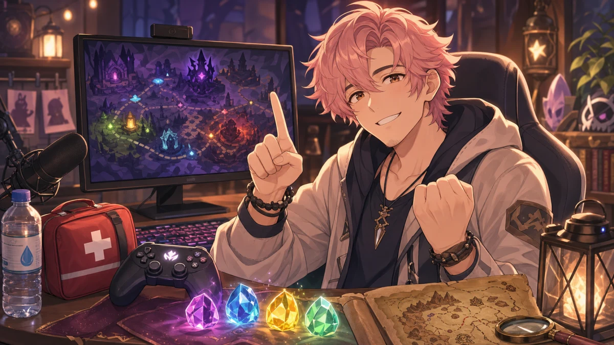 明るい配信部屋でゲームパッドと避難用の小物を机に置き、ローグライトの冒険準備をする人物キャラクターのイメージ