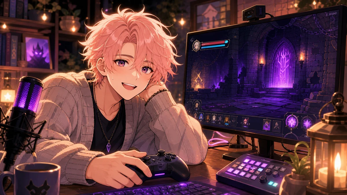 配信机のモニターとゲームパッドを見ながら冒険画面の状態を確認する人物のイメージ
