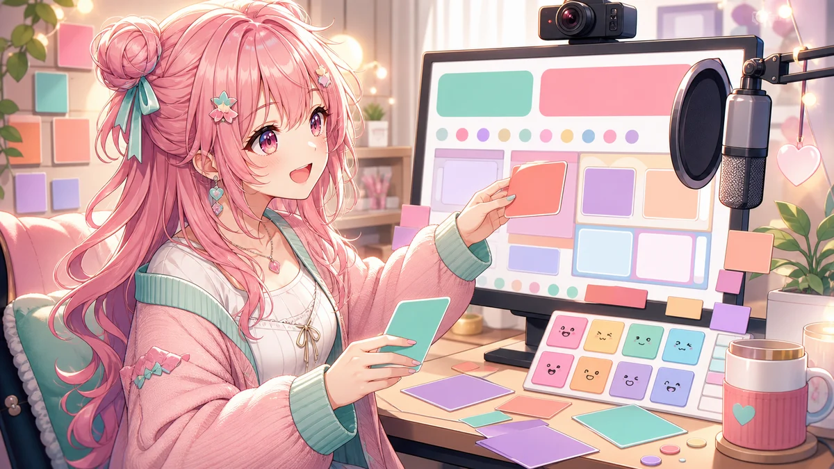 配信机に新しい画面素材や絵文字のメモを並べて次の配信を考える人物