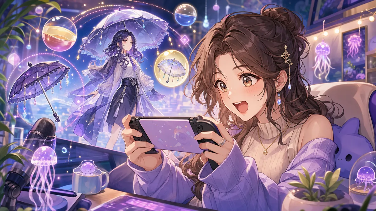ガチャ画面を見守りながら傘やクラゲ風の小物に反応するオリジナル女性キャラクターのイメージ