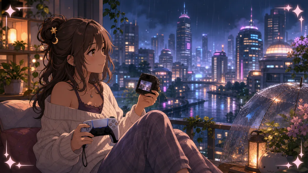 夜の街の雨音を聞きながらスクリーンショットを撮るオリジナル女性キャラクターのイメージ