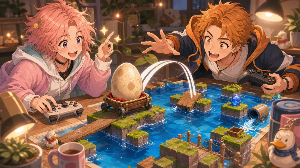 水場を前に持ち上げ方とジャンプの順番を相談するオリジナルキャラクターたちのイメージ