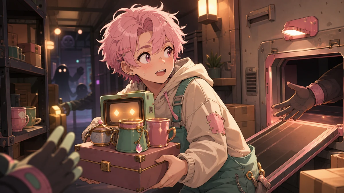 暗い回収現場で小物を抱えて仲間を待つ中性的な人物キャラクターのイメージ
