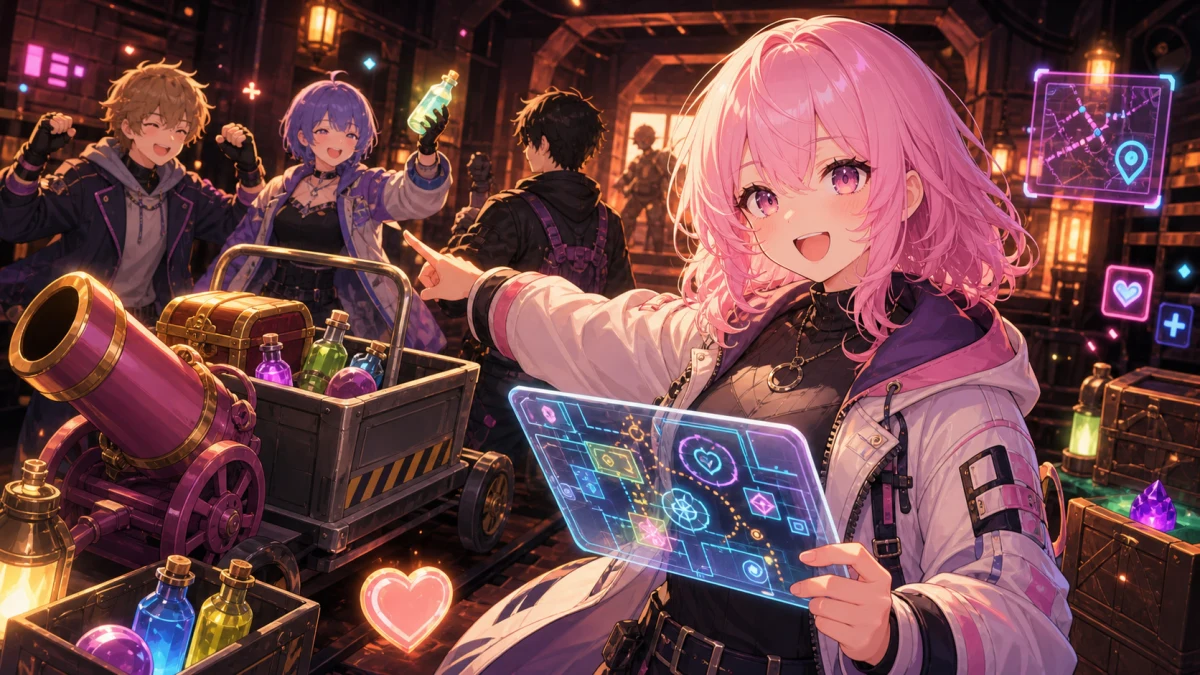 カートと小型キャノンを前に仲間へ合図するピンク髪の人物キャラクターのイメージ