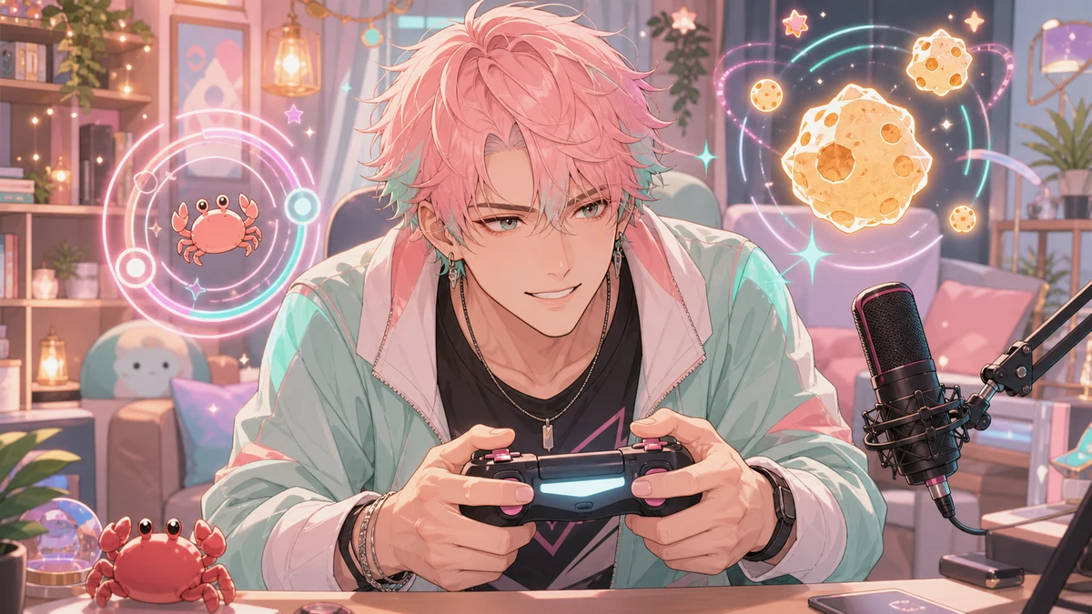 明るい配信部屋でリズムゲームの合図を聞き取るイメージ