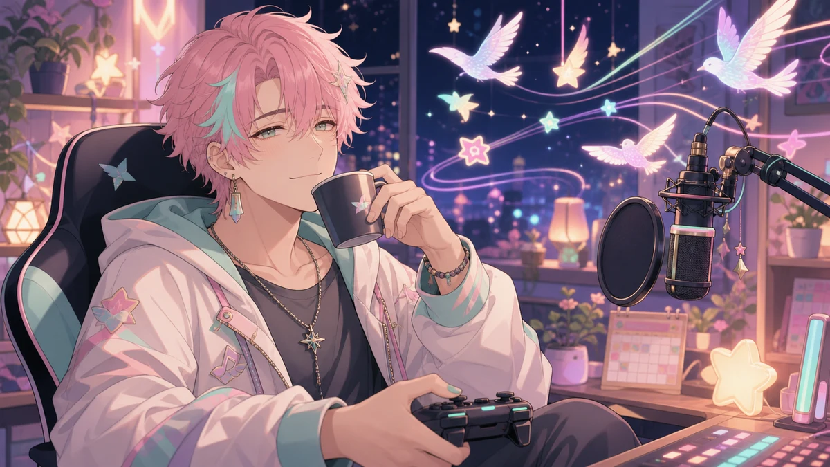 夜の配信部屋でリズムゲームを終えて一息つくイメージ