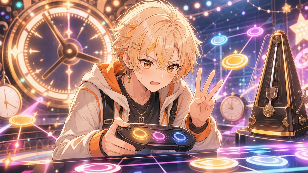 大きな時計盤とリズムを刻む小物が並ぶステージで、ゲームパッドを握った人物キャラクターがタイミングを測るイメージ