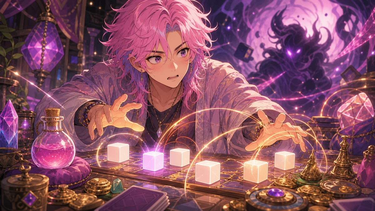 明るいファンタジー風の盤面で強敵の影と光るダイスを前に作戦を立てる人物のイメージ