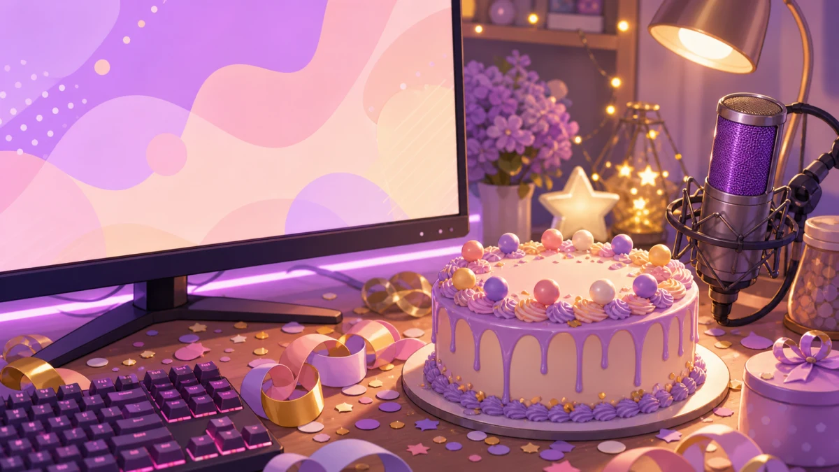 配信画面の端が少し切れたイメージのモニター、誕生日ケーキ型の小物、つながりを示すリボンが並ぶ明るいイラスト