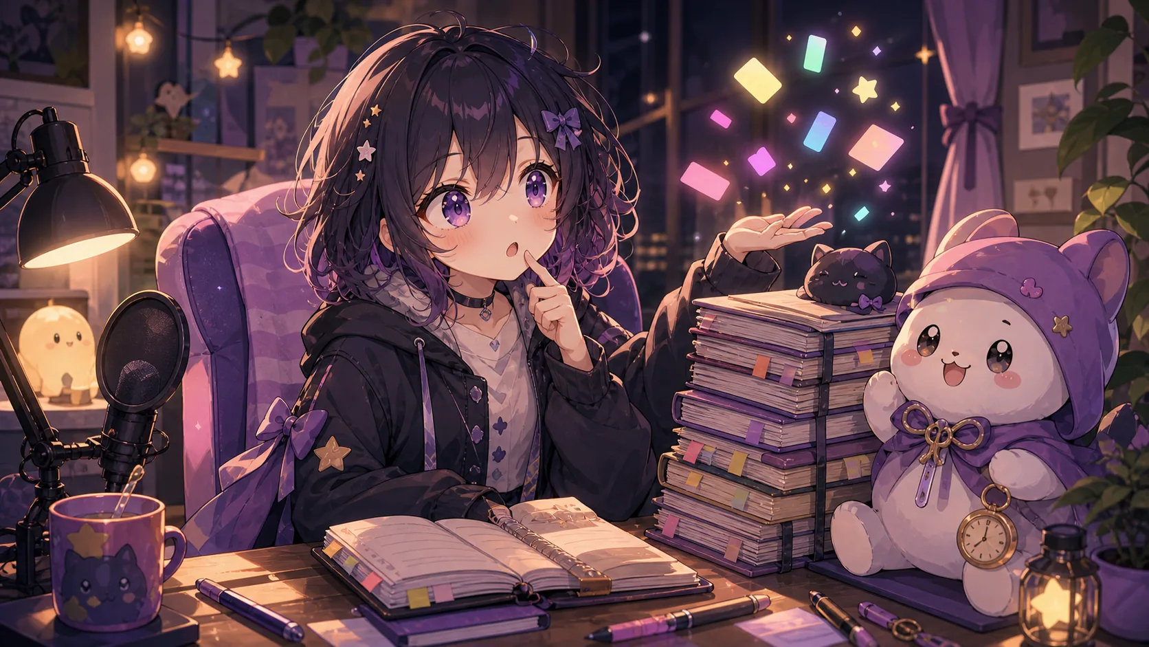 深夜の配信机で長尺アーカイブと短い動画カードを見比べるオリジナルキャラクターのイメージ