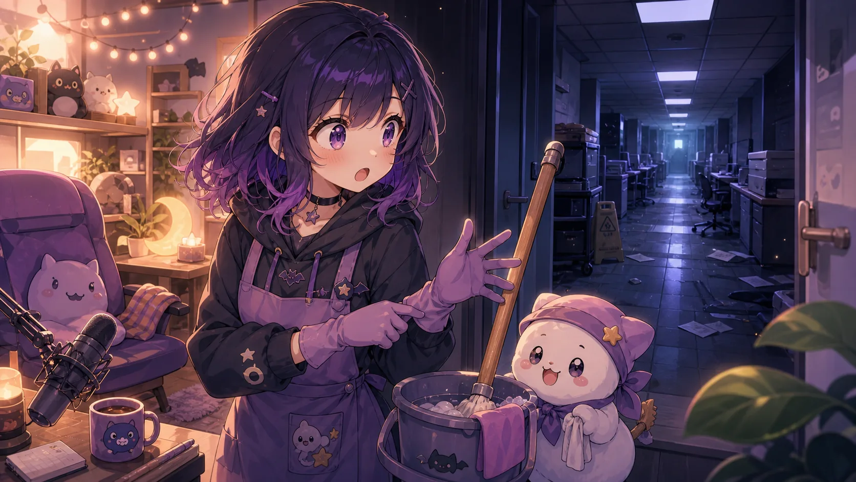 パステル色の深夜オフィスで掃除道具とゲーム画面を前に身構えるオリジナルキャラクターのイメージ