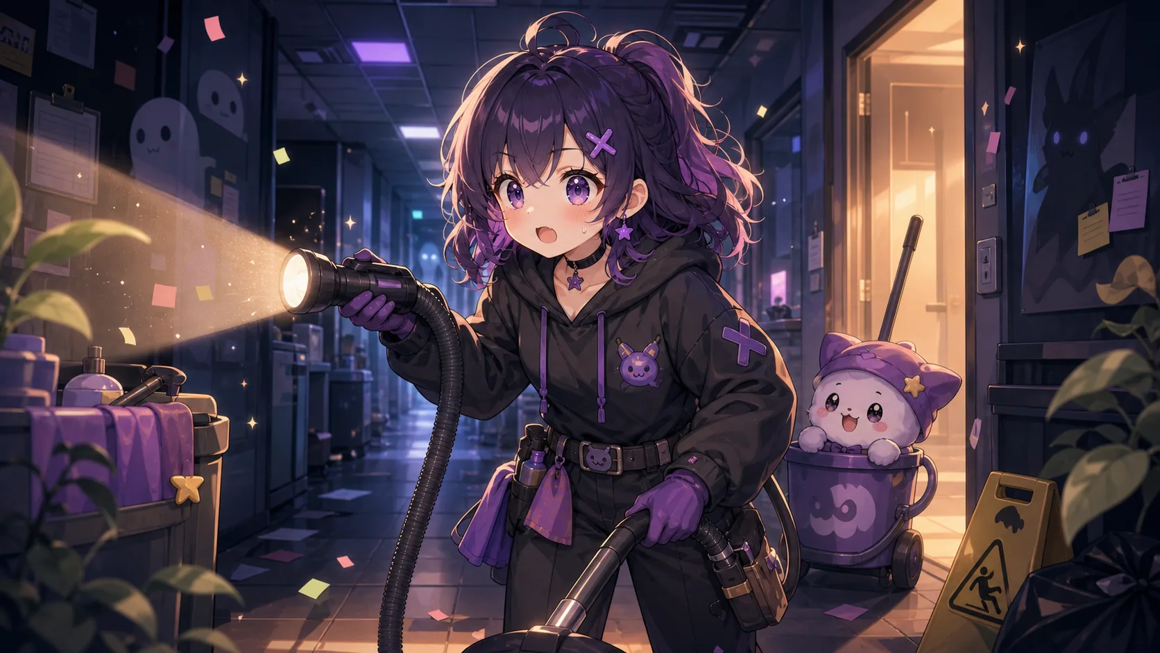 暗すぎないオフィス廊下で掃除機と小さなぬいぐるみを抱えて驚くオリジナルキャラクターのイメージ