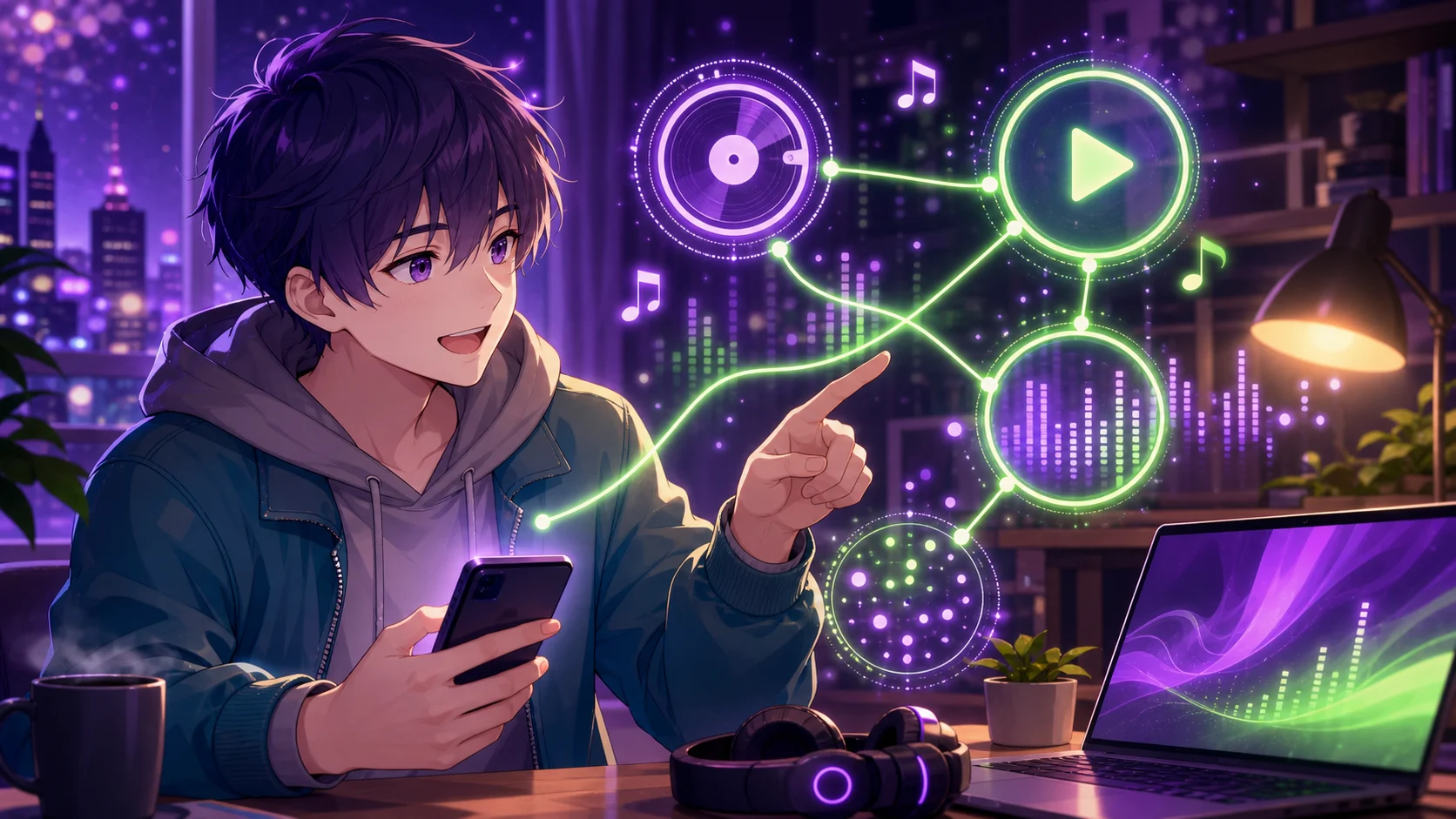 原曲リンクと公式導線を並べて動画を見返すオリジナル男性キャラクターのイメージ