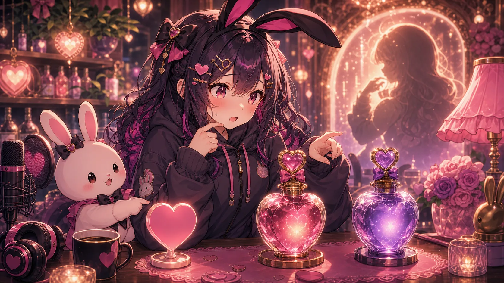 妖艶なバー風の明るい店内で会話選択に迷うかわいいオリジナルキャラクターのイメージ