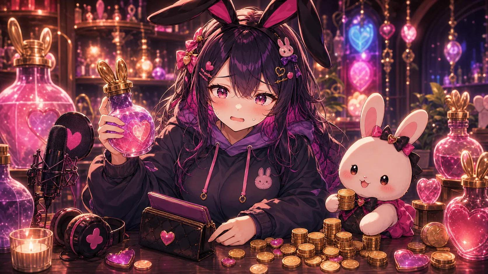 ボトルと財布メモを前に資金繰りを考えるかわいいオリジナルキャラクターのイメージ