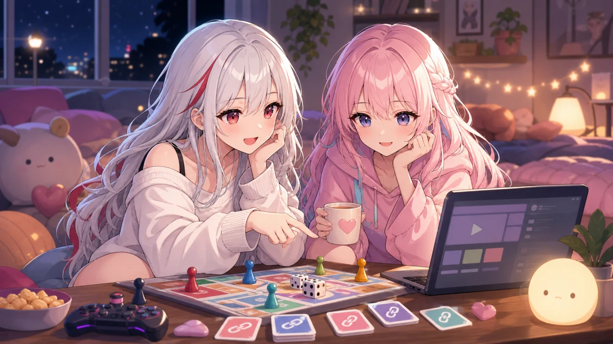 ボードゲーム後に配信アーカイブと公式リンクを見返す二人のイメージ