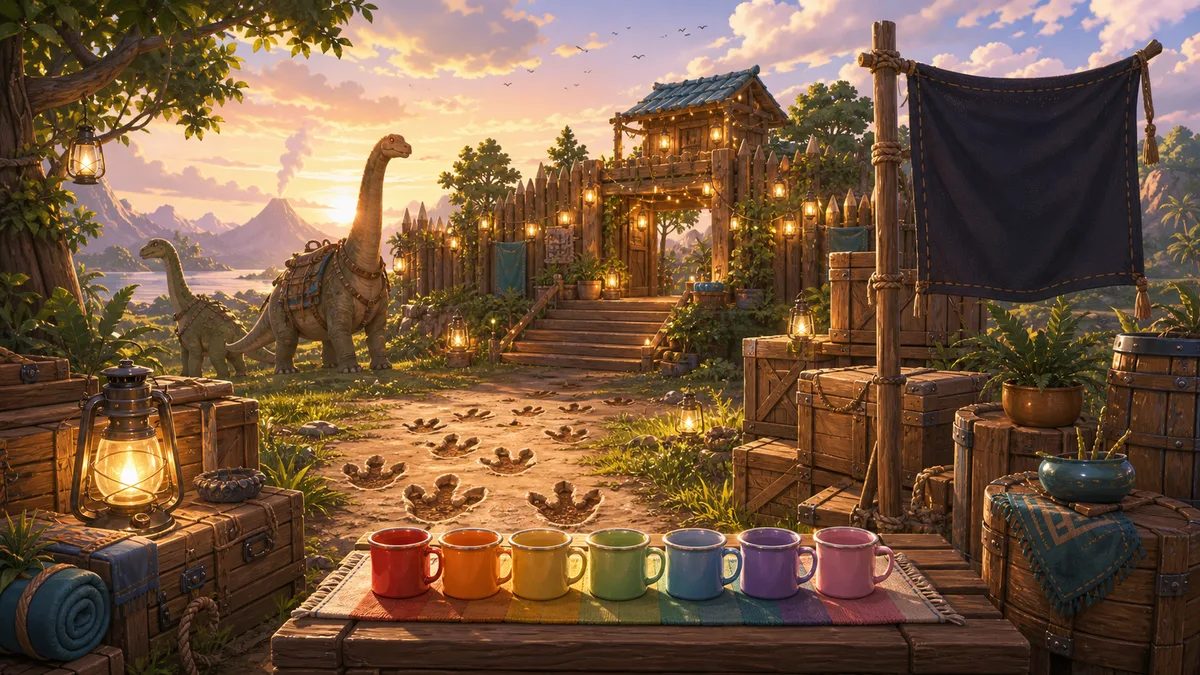 拠点の前で恐竜と仲間を確認する白髪のオリジナルキャラクターのイメージ