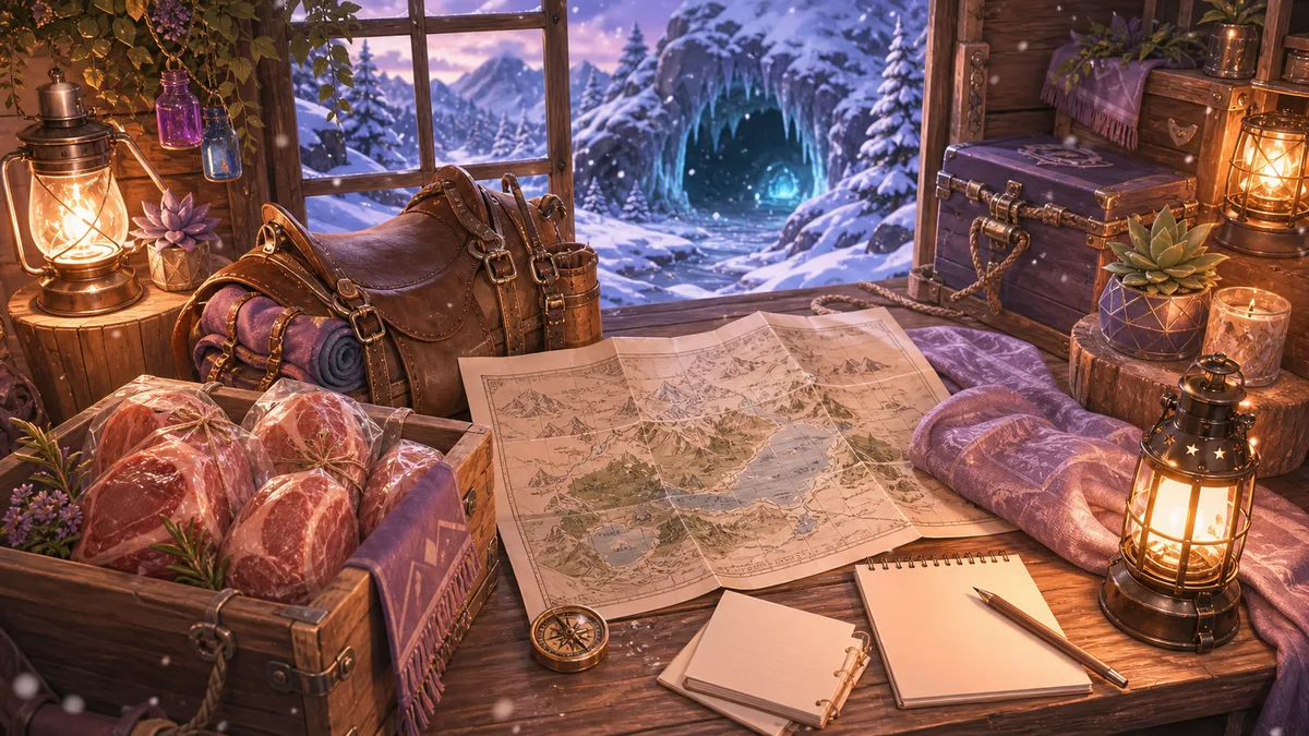 雪山へ向かう前に恐竜の体力と荷物を確認する明るい冒険イラスト