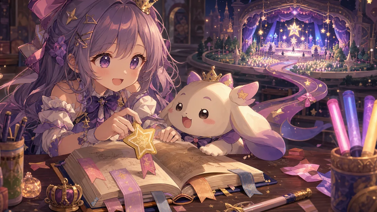 生誕3DLIVEの配信リンクと魔導書メモを見比べるかわいいオリジナルキャラクターのイメージ