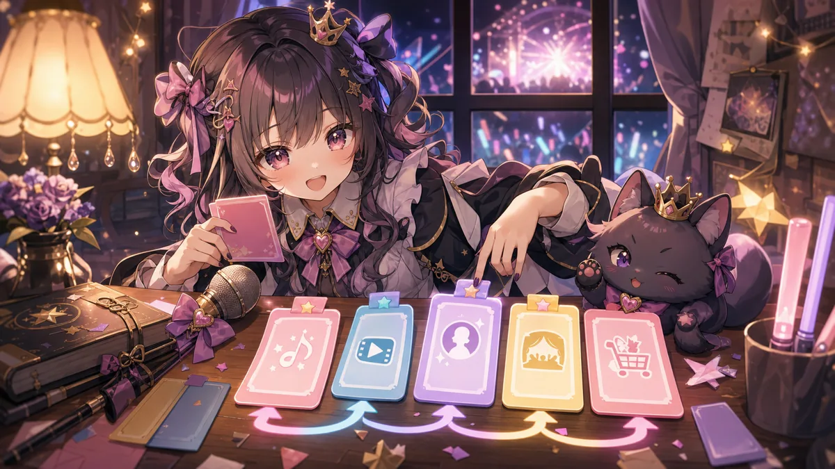 公式リンクを並べた明るい配信机で王冠とペンライトを片付けるオリジナルキャラクターのイメージ